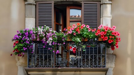 Naklejka premium European traditional balcony with flowers. Lovely vintage, traditional flowers adorned the balcony. Generative AI