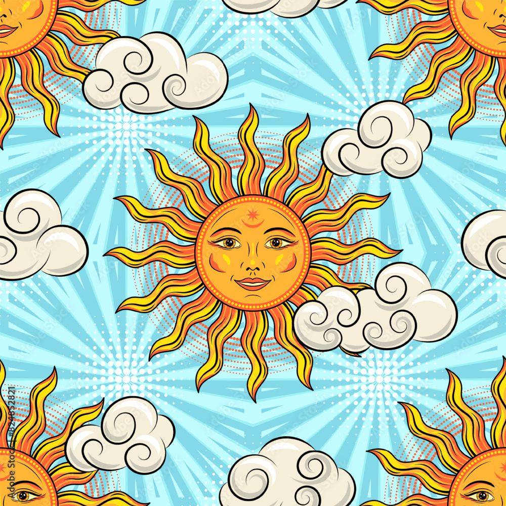 Poster seamless pattern with sun with smiling face, clouds, halftone shapes on retro blue background behind