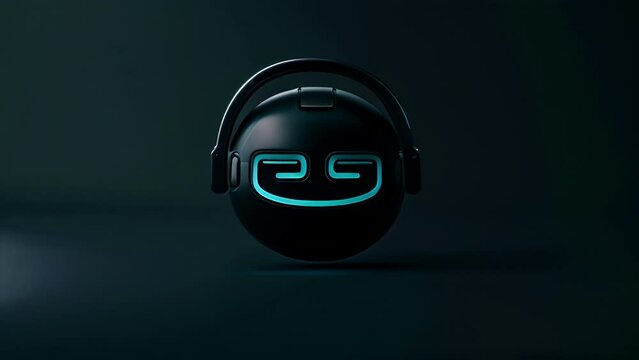 Headphones on a black orb with a blue logo on the front. Logo or brand for headphones and/or smart speaker.