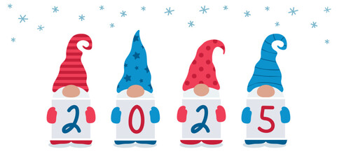 christmas and new year greeting card 2025 cute christmas dwarf vector illustration