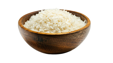 A wooden bowl filled with rice sits on a clean white background