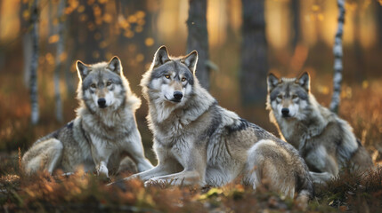 Wolf pack in autumn forest. Three grey wolves in an autumnal forest, illuminated by the warm glow of the setting sun.