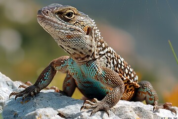 Large iberian lizard resting on a rock, high quality, high resolution