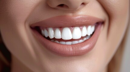 Perfect healthy teeth smile of young woman. Teeth whitening. Dental clinic patient. 