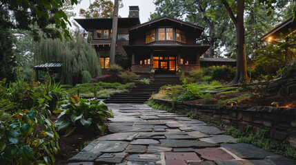 The layered stone walkway leading to a Craftsman house, each stone's edge defined in the...