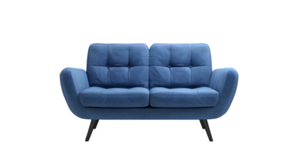 A blue couch rests on top of a clean white floor, creating a simple and modern living space