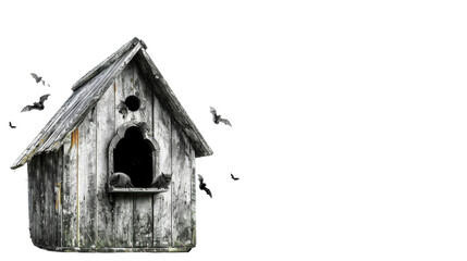 A wooden birdhouse with a window, surrounded by birds in flight