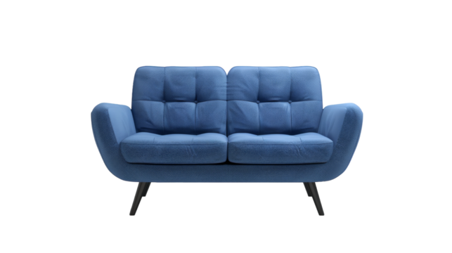 A blue couch rests on top of a clean white floor, creating a simple and modern living space