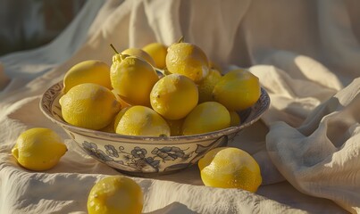 Lemons lie on a table with a beige cotton tablecloth, Generative AI