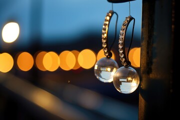 Obraz premium Earrings on a bridge with car lights bokeh.