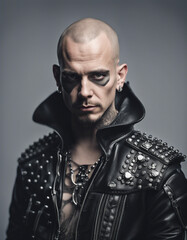 Obraz premium portrait of a man in a metalhead-style outfit with shaved hair, isolated white background 