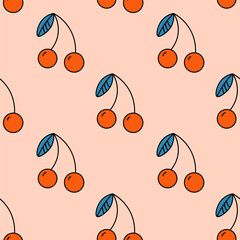 Vector seamless pattern with red cherry on pink background. Modern design for fabric and paper, surface textures. 