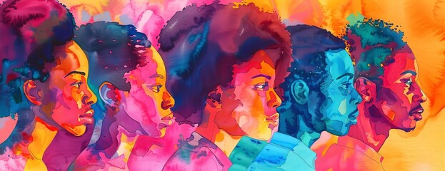 A beautiful watercolor painting of a group of diverse people