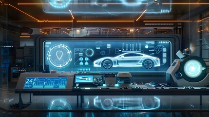 Obraz premium Interactive display showing the process of hydrogen fueling and its impact on sustainable transportation