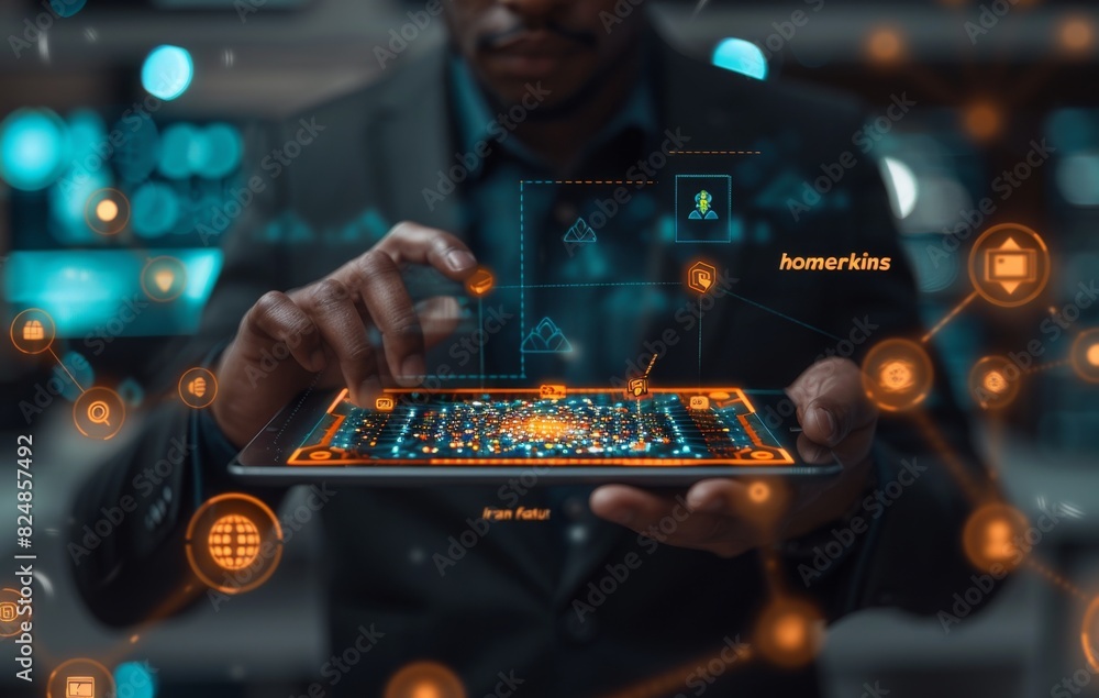 Poster businessman in suit using futuristic holographic tablet for data analysis and visualization