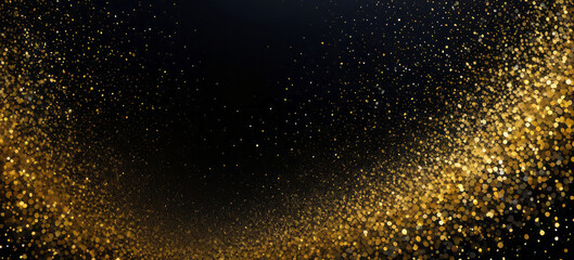 Fototapeta premium Abstract gold glitter lights on black background for banner. Blurred bokeh. Backdrop for Christmas, New Year greeting cards, Valentines day, Womens day, holiday or event 