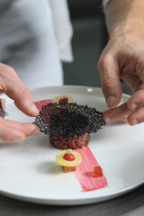 Chef's hands serving and decorating meal in restaurant kitchen