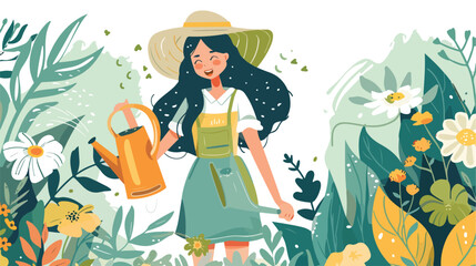 Female gardener with watering can. Natural care illustration