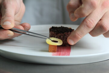Chef's hands serving and decorating meal in restaurant kitchen