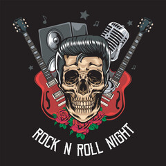 Rock and Roll Night slogan with Skull Head, Microphone, Red Roses, Electric Guitar and Speaker Vector Illustration for T-Shirt Apparel
