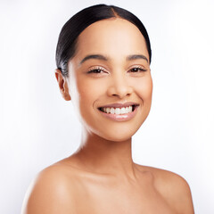 Obraz premium Skincare, model and smile for wellness, aesthetic and routine facial treatment. Spa, beauty and skin glow for dermatology on white studio background with black woman, cosmetics and collagen shine