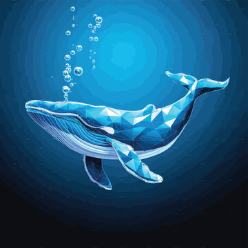 Abstract blue whale underwater in polygons on a technology blue background. Low poly wireframe marine life concept. Polygonal futuristic vector illustration with 3D effect. Modern geometric style