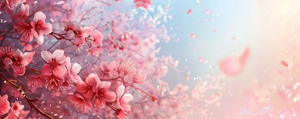 blossom of pink flowers sakura cherry or apple tree, romantic floral banner, beauty of nature wallpaper