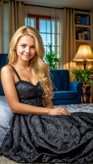 Portrait of a beautiful woman with a cute smile wearing a black stunning dress in her bedroom