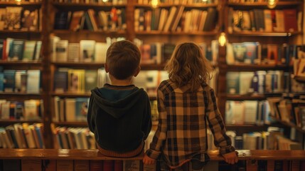 children sitting in a bookstore, looking at shelves filled with books, and talking about the books, back to school concept