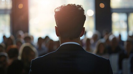 A man standing on stage addressing a crowd of people