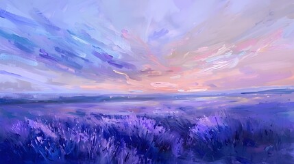 Lavender Field Twilight Impressionist Landscape with Soft Brush Strokes and Vibrant Purples and Blues