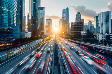 Obraz premium Light flow of traffic on a evening highway in a city with modern high buildings