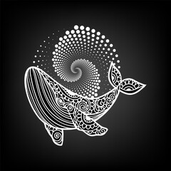 Whale mandala. Vector illustration. Adult coloring page. Whale sea animal in Zen boho style. Peaceful marine. Mystical and Optical illusion