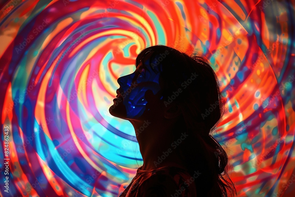 Canvas Prints a young woman surrounded by vibrant helicoid silhouette