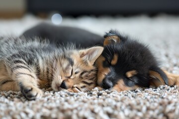 A kitten and a puppy sleep together on a carpet. The domestic setting emphasises their relaxed and cozy interaction. Horizontal. Space for copy.
