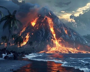 Volcano erupting on a tropical island hot lava and gases into the atmosphere. Lava spurting out of crater and smoke cloud