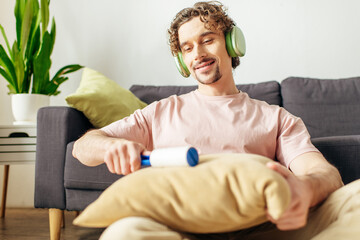 Handsome man in cozy homewear enjoying music near couch with headphones.