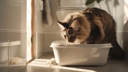 A large cat entering a litter box, with its head peeking in and body following, in a well-lit...