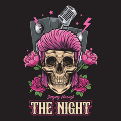 Singing through the night slogan with Pink Skull Head, Microphone, pink roses, and Speaker Vector Illustration for T-Shirt Apparel