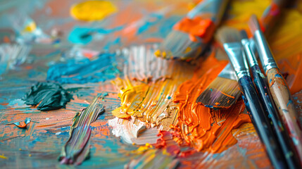Obraz premium Colorful oil paints and brushes on palette. Vibrant oil paints and brushes create an artistic scene on a palette, perfect for art and creativity concepts.