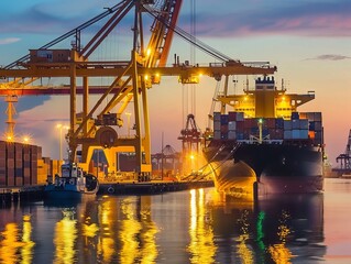 Obraz premium Dusk Operations: Container Cargo Freight Ship in Shipyard with Working Crane Bridge