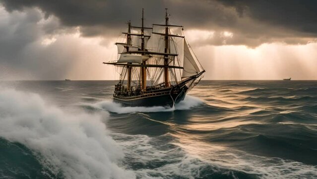 Old ship caught in storm at sea