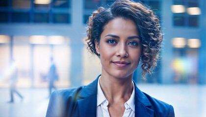 Portrait of a confident businesswoman standing in a modern office. The blurred background reflects a professional and dynamic workplace setting, emphasizing leadership and career advancement.
