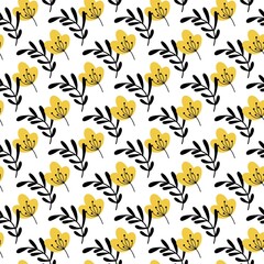 seamless pattern with butterfly yellow flowers with black leaf