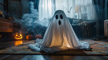 Whimsical white ghost in sheet costume seated in living room. Cinematic commercial aesthetic