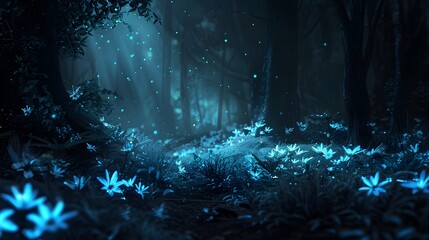 Enchanted Bioluminescent Forest with Captivating Glowing Flowers in a Mystical Nighttime Landscape