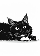 A cute cat is lying down, illustration in black and white silhouette with simple lines on a clean white  background.