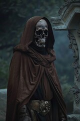 Sinister skeleton robed in a ragged brown cloak amidst misty graveyard shadows