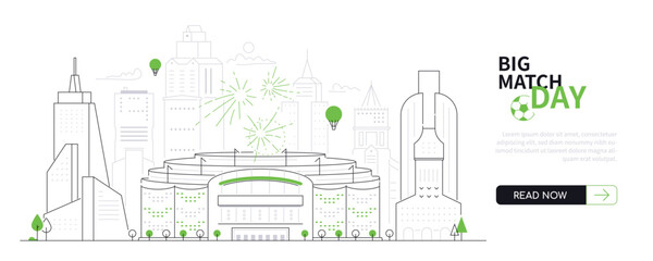 Big match day - modern thin line design style vector banner on white urban background. Composition with sports arena or stadium where solemn event takes place with fireworks. Entertainment in the city