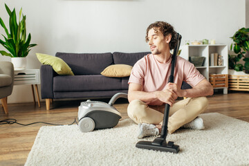 A handsome man in cozy homewear sitting on the floor while using a vacuum cleaner.